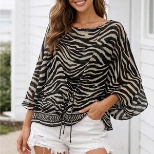 NWT Chaps Black and Cream Zebra Print sheer Blouse wide sleeve